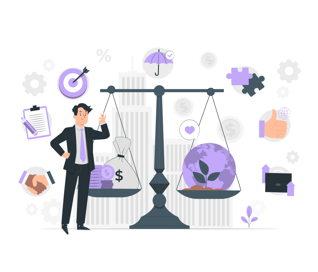 Decorative image of a man standing in front of a scale weighing money vs planet